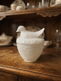 Vintage Milk Glass bird on Nest Covered Dish