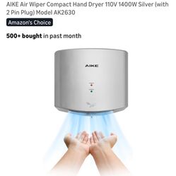 AIKE Air Wiper Compact Hand Dryer 110V 1400W Silver (with 2 Pin Plug) Model AK2630
