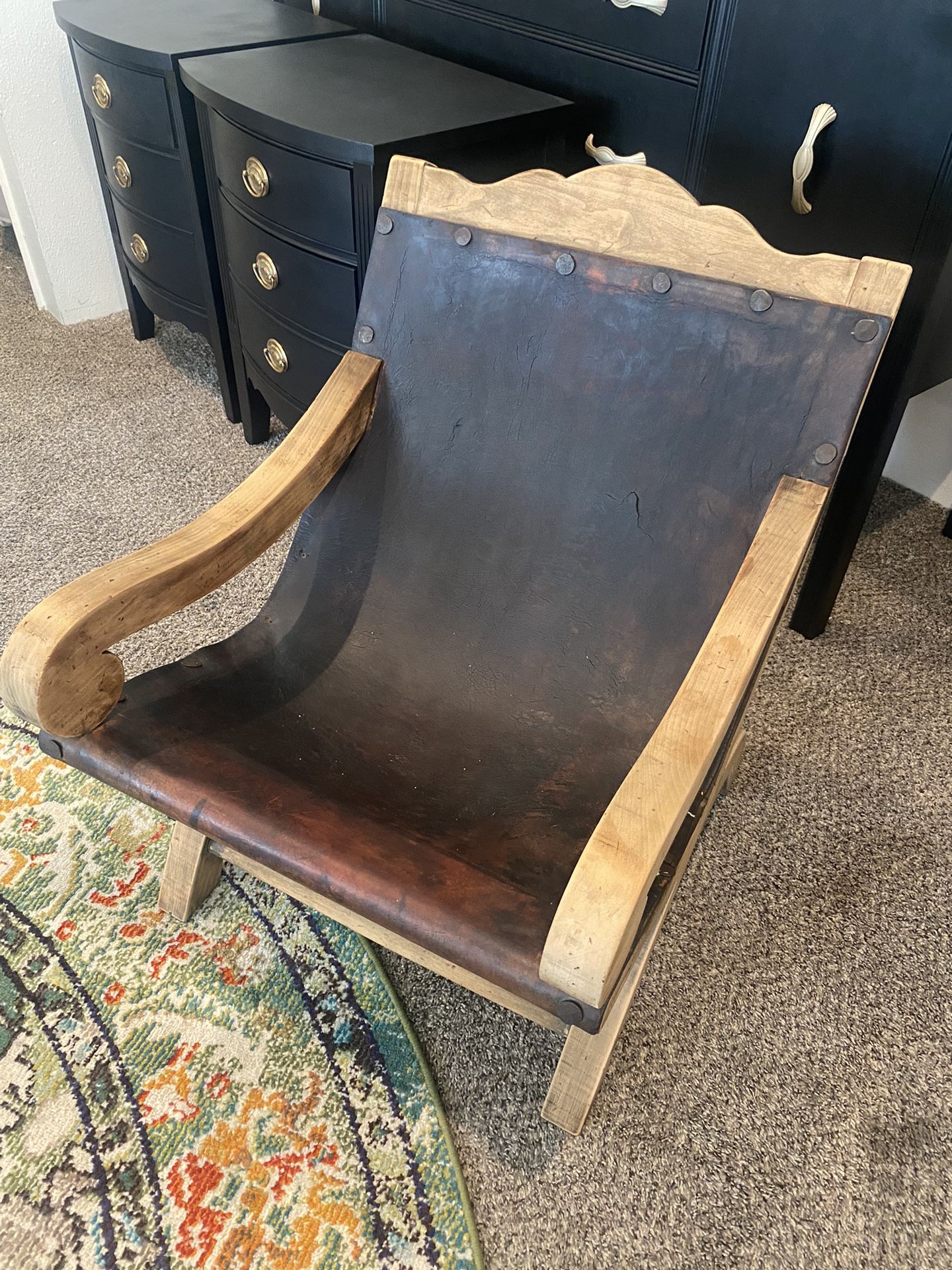 Butaque Rare Antique, Small Leather Chair, One Of A Kind, Sling back, Circa 1920’s