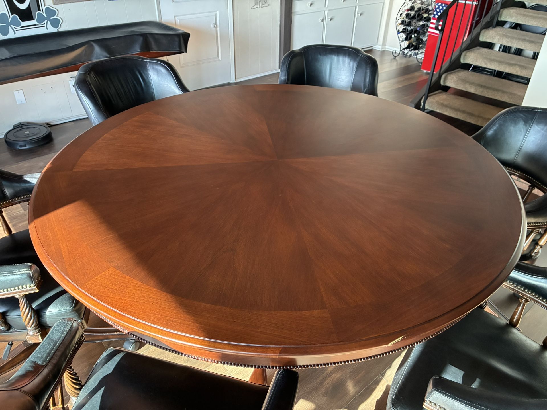 Poker Table/dining Table With 6 Wood and Leather Rolling Chairs