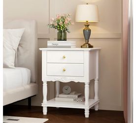 New-WOODTIME White Accent Nightstand with 2 Drawers, Bottom Shelf & Carve Pattern, Modern Wooden Night Stand Bedside Table, Versatile End Sofa Bed Sid