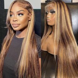New-13x4 Straight Highlight Lace Front Human Hair Wigs 180% 22Inch Ombre Piano Color P4/27 Straight HD Lace Pre Plucked Natural Hairline Human Hair Wi