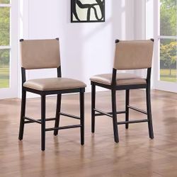 SET OF 2 TAN FAUX LEATHER COUNTER HEIGHT STOOLS ( BRAND NEW AND ASSEMBLED )