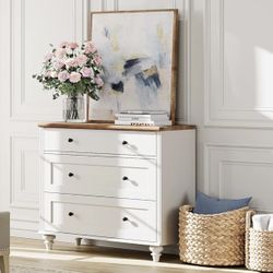  Bedroom Dresser with 3 Drawers, White Kids Dresser with Wide Chest of Drawers, Mid-Century Modern Wooden Closet Storage Organizer, Small Dressers for