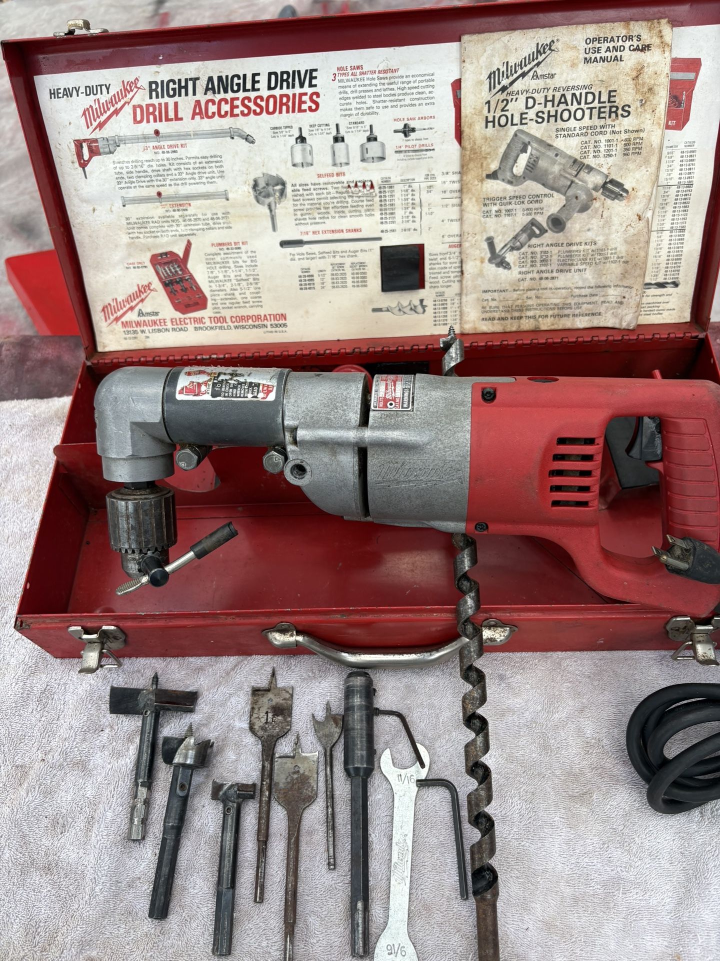 Milwaukee Heavy Duty 1/2” Rt Angle Drill—1101-1 Clean, 4.5 Amp, Side Handle, Bits, Chuck Key, 8’ Cord