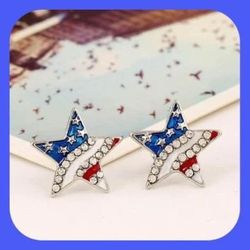 New Gorgeous Beauty Patriotic Star Stud Enamel Rhinestone Earrings  Sparkles!