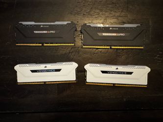 Two pairs of corsair vengeance DDR4-3600 32GB ram sticks (Black RGB Pro & White)