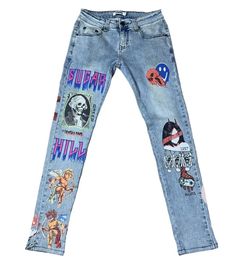 Sugarhill 7 Sins Blue Graphic Distressed Skinny Ankle Stretched Denim Jeans 28