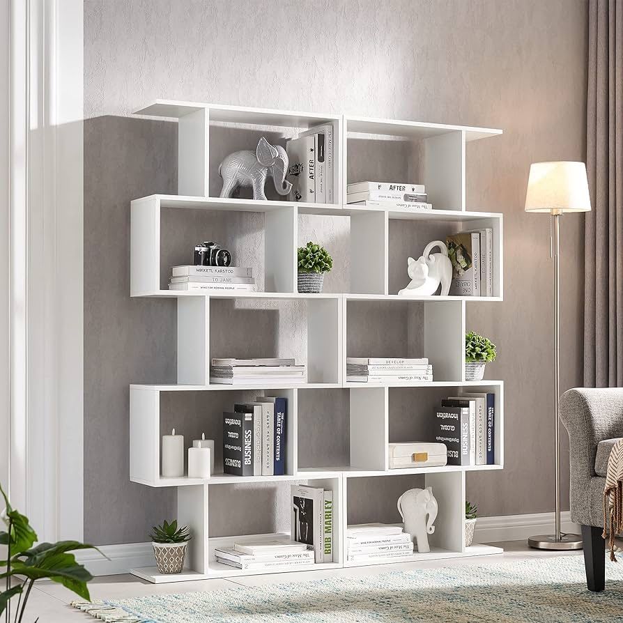 A Set Of 2, Bookshelf Set of 2, S-Shaped Modern Bookcase Room Divider, Geometric Wood Book Shelf, 62" Tall Bookcase with 5-Tier Display Shelf, White