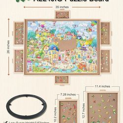 ALL4JIG 1500 Pieces Rotating Puzzle Board with 6 Drawers and Cover,26"x35"Portable Wooden Jigsaw Puzzle Table for Adults,Lazy Susan Spinning Puzzle Bo