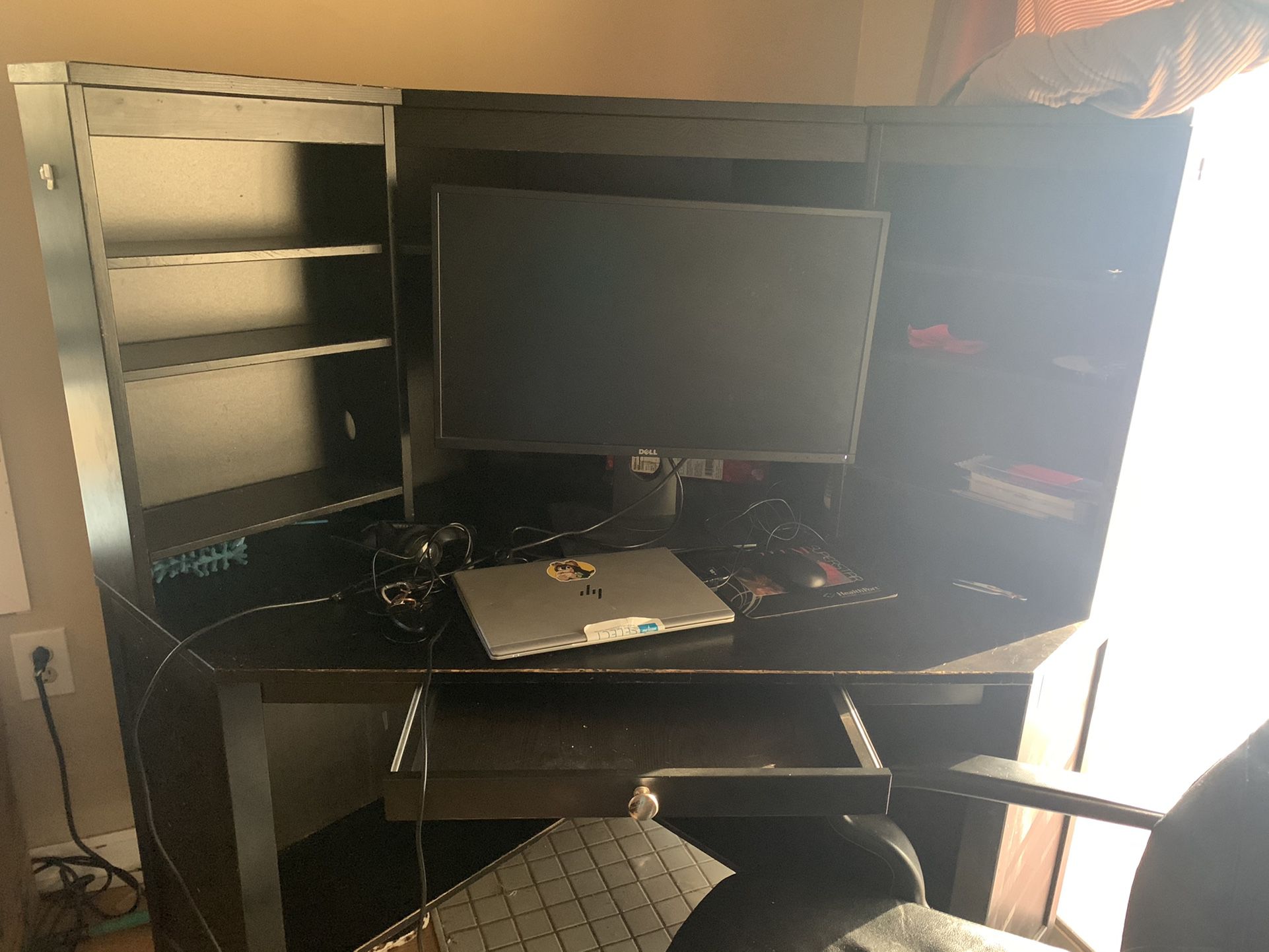 Large corner desk with small drawer and hutch