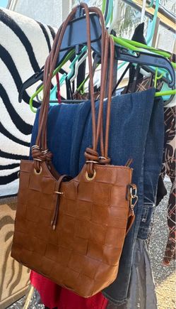 Brown Woven Faux Leather Tote Bag