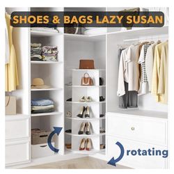 5 Tier Rotating Shoe Rack Tower, Spinning Shoe Display Lazy Susan, Revolving 360 Bookshelf Storage Round Carousel Vertical Handbag Rotate Shoes Close
