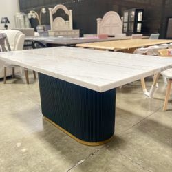 Marble Dining Table With Reeded Wooden Pedestal Base