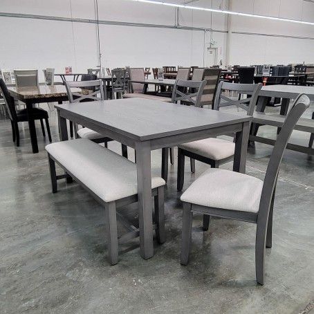 ✅️6 pc gray finish wood dining table set padded seat chairs and bench.