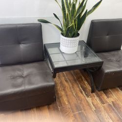 2 Brown Chairs with storage and glass table