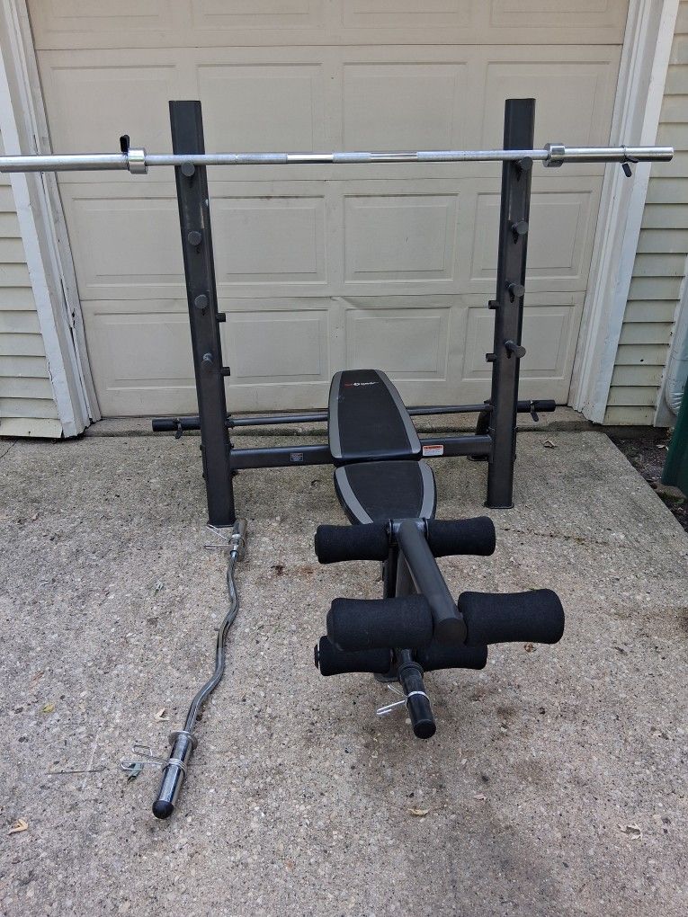 Weight Bench, Bar, Curl Bar
