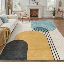DCX Abstract Washable 6x8 Rug, Non Slip Low Pile Rug, Blue & Yellow Rugs for living room, bedroom, dining room, office, soft, mid century modern rug,