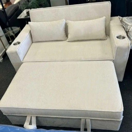 Beige corduroy loveseat pull out sofa bed