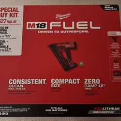 Milwaukee M18 FUEL 15G angle finish nail gun with a battery and charger