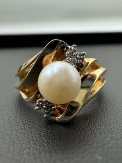 10k yellow gold pearl diamond ring size 7