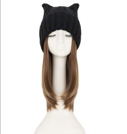 Black Cat Ear Beanie Wig Hat with Hair Extensions 11" Medium Brown & Dark Blonde