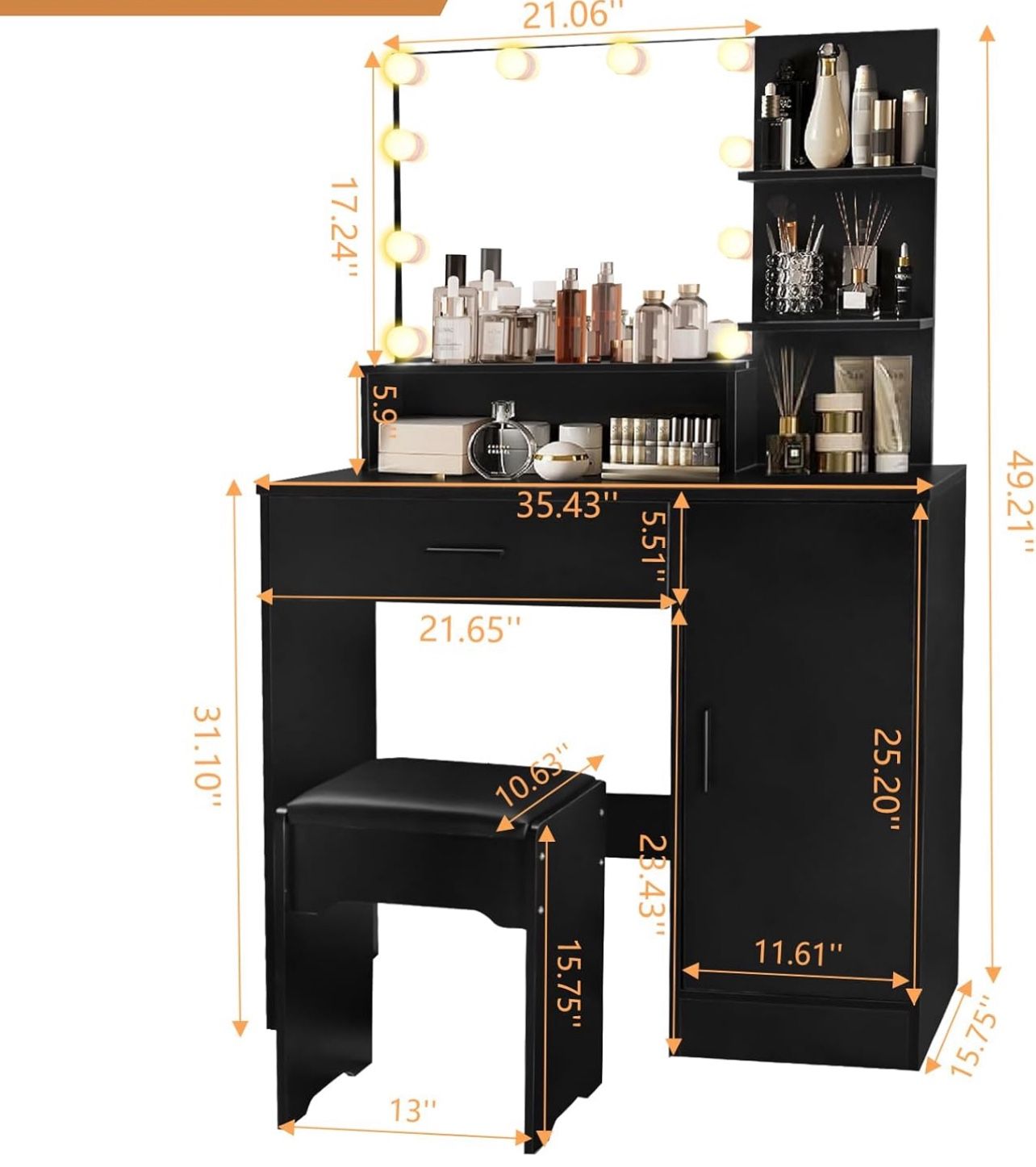 Vanity With Mirror Light And Chair