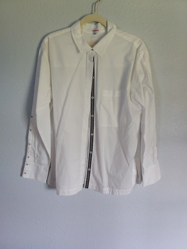 Johnny Was Women's XS Poplin Relaxed Pocket Shirt White Long Sleeve Step Hem
