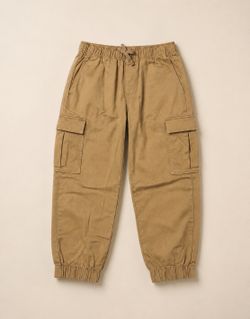 Men's Beige Solid Cargo Jogger Pants Elastic Waist Drawstring Pockets