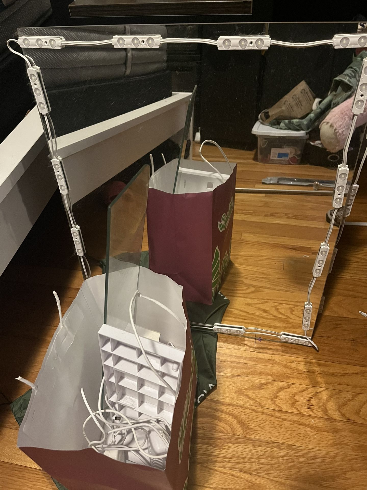 floating vanity mirror with lights