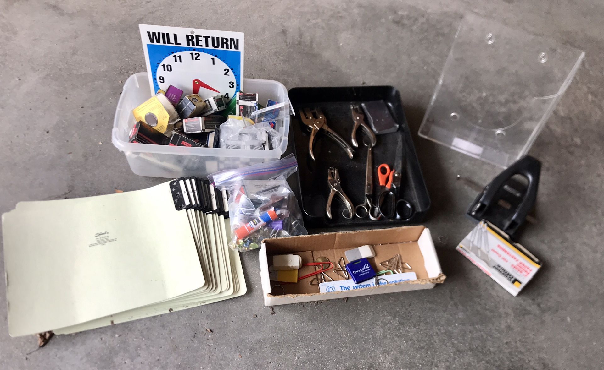Office Supplies and Trash Can