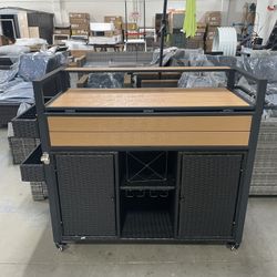 Assembled New 52.8" Wicker Outdoor Grill Cart with Folding Wood Tabletop, Rolling BBQ Prep Station with Wine Rack, Storage Cabinet, Lockable Wheels & 