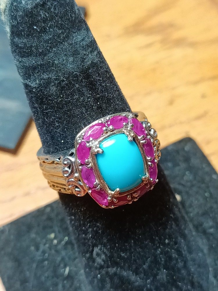 Sterling Silver Ring With Turquoise And Ruby Stones