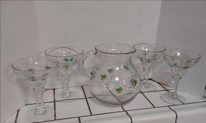 Handblown Glass Palm 🌴 Pitcher w/ 4 Margarita 🌴 Glasses
