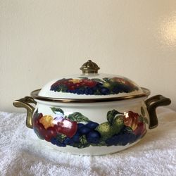 Vintage 8” Lincoware Orchard Royale Enamelware Porcelain Casserole Pan
