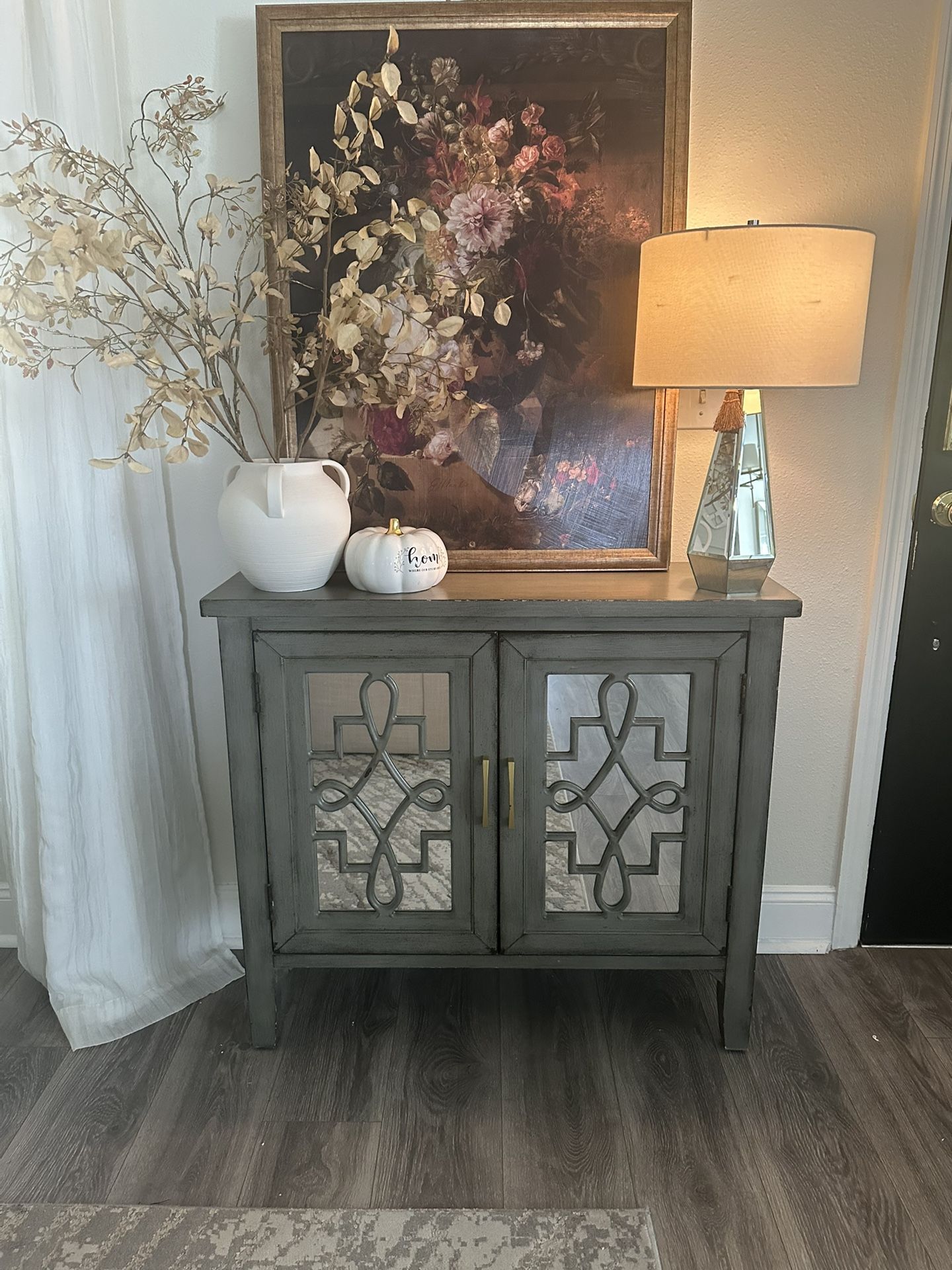 Mirrored Rustic Gray Entry Cabinet