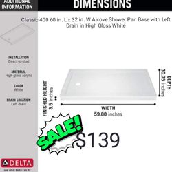 Delta

Classic 400 60 in. L x 32 in. W Alcove Shower Pan Base with Left Drain in High Gloss White

