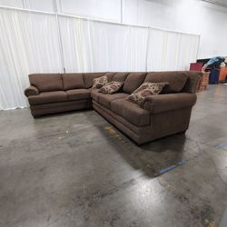 Hughes Furniture Brown Textured Fabric L-Shaped Sectional Couch with Nailhead Trim
