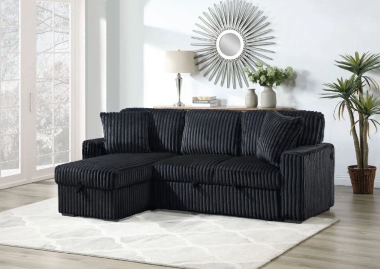Modern Sectional Sofa with Storage & Pull-Out Bed – Black or Grey