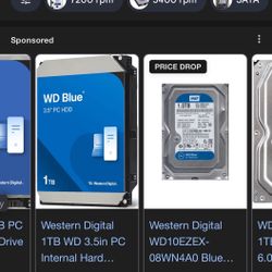1TB Western Digital Internal Hard Drive For PC
