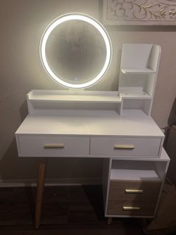 White Vanity Desk with LED Mirror