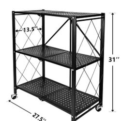 🥨3-Tier Foldable Metal Rack, 14.96" D x 27.95" W x 34.25" H Storage Shelving Unit  with Wheels Moving Organizer Shelves , Black