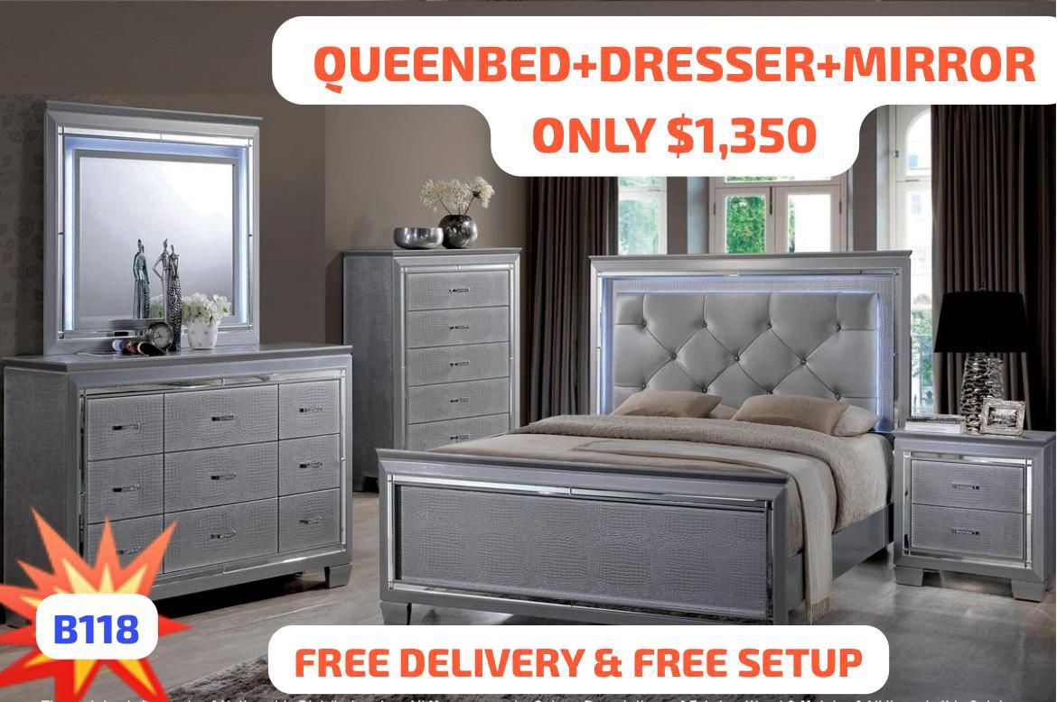 QUEEN BED + DRESSER+MIRROR ONLY $1350