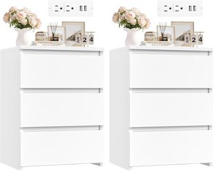Nightstands Set of 2, White Nightstand with Charging Station White Nightstand Set 2 with USB Ports & Power Outlets, Modern Bedside Table with Silent S