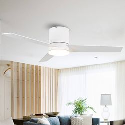 Parrot Uncle 48" Modern White LED Flush Mount Ceiling Fan with Remote – Open Box