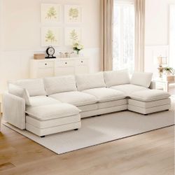 148'' Sectional Cloud Couch with 2 Ottomans, Oversized 4 Seat Sleeper Sofa with 2 Throw Pillows, Convertible Upholstered U Shaped Cozy Sofa Furniture 