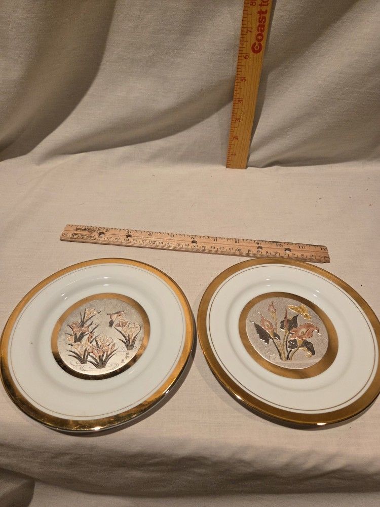 "The Art Of Chokin" 6 1/2" 24K gold edged plates lot of 2--Japan