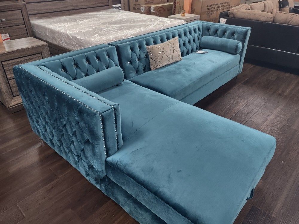 TEAL VELVET SECTIONAL SOFA SET