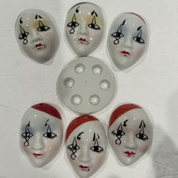 Vtg Hand Painted Porcelain Harlequin Masquerade Face Masks Wind Chime No String