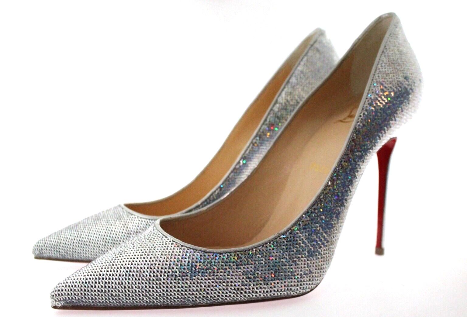 Christian Louboutin decollete 554 100 pump heel, Glitter, Silver Paillettes 9 US